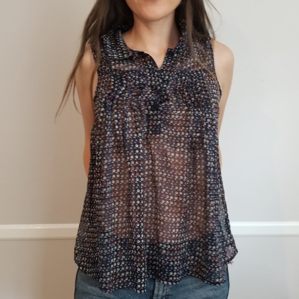 Navy Blue Floral Sleeveless Collared Tank